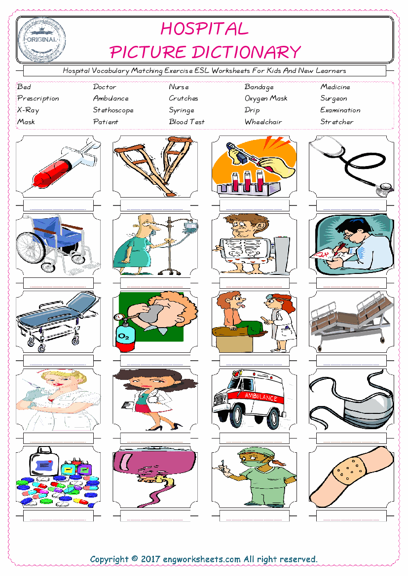  Hospital for Kids ESL Word Matching English Exercise Worksheet. 